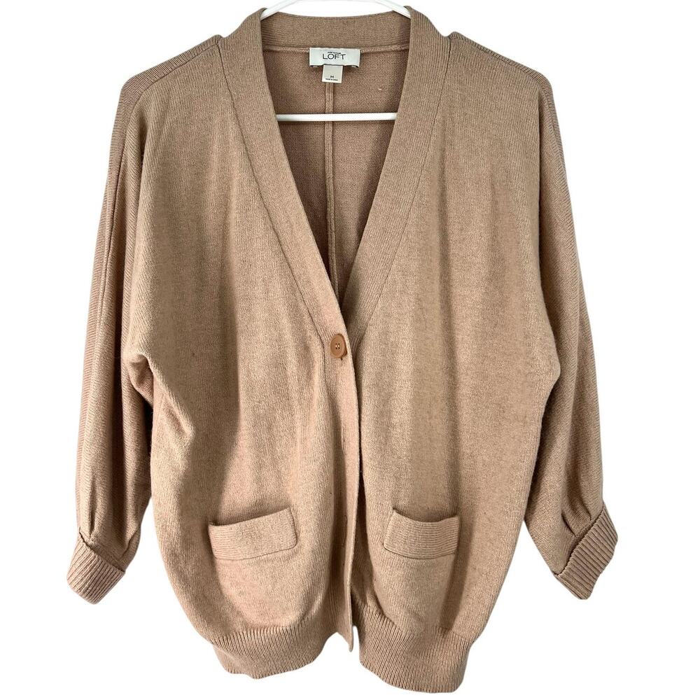 Loft M Cardigan Sweater Knit Rabbit Hair Blend Tan Luxury Basic Oversized V Neck